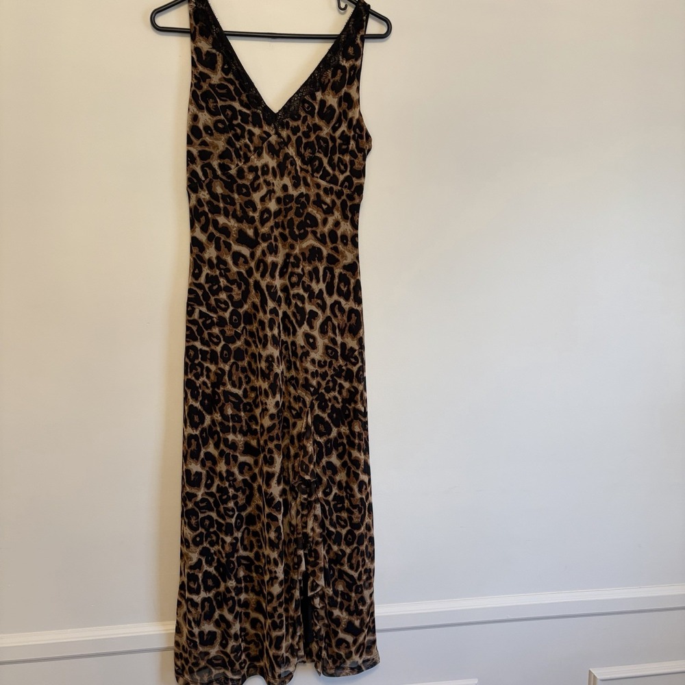 NWT Good Luck Gem GLG Leopard Print Mesh Slip Dress With Lace Trim Medium Ruffle